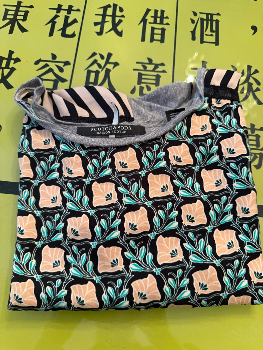 Scotch & Soda Black Floral Print t shirt grey with Peach and Teal Accents